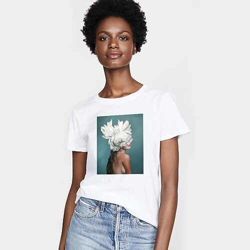 

Women's Portrait T shirt Floral Portrait Print Round Neck Basic Tops Green White Black