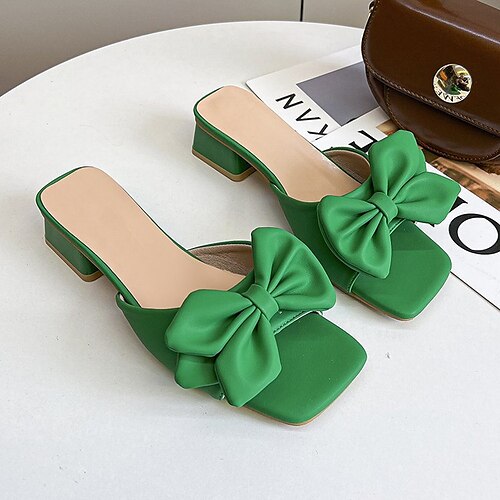 

Women's Sandals Plus Size Daily Summer Bowknot Chunky Heel Open Toe Elegant Casual Minimalism PU Leather Loafer Solid Colored White Yellow Green