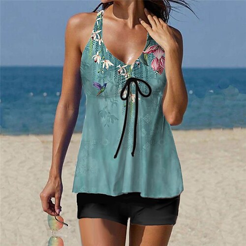 

Women's Swimwear Tankini 2 Piece Normal Swimsuit Printing Floral Blue Vest V Wire Bathing Suits Sports Vacation Fashion / Sexy / Modern / New / Padded Bras