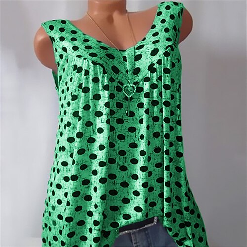 

Women's Plus Size Curve Tops Blouse T shirt Polka Dot Print Sleeveless V Neck Streetwear Daily Vacation Polyester Spring Summer Green White