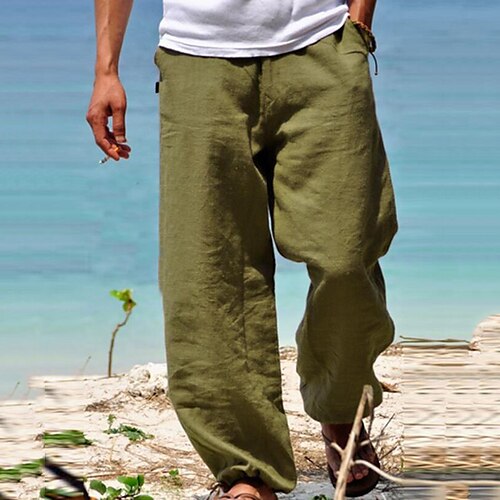 

Men's Linen Pants Trousers Summer Pants Baggy Elastic Drawstring Design Front Pocket Straight Leg Plain Comfort Soft Casual Daily Cotton Blend Fashion Streetwear Army Green Blue