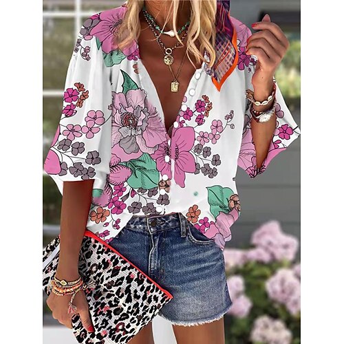 

Women's Floral Theme Shirt Flower Print Standing Collar Casual Tops Pink