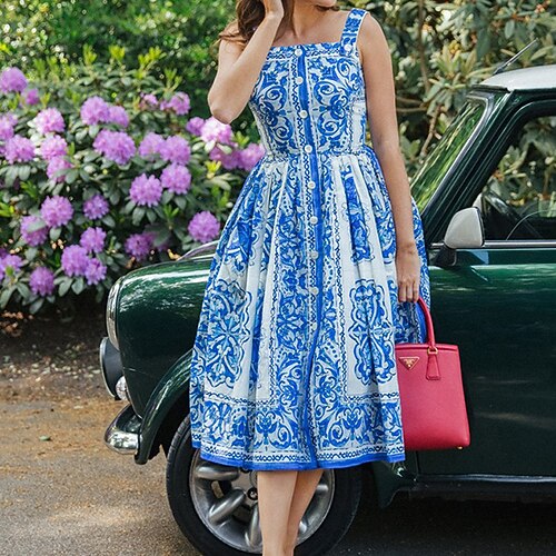 

Women's Strap Dress Knee Length Dress Blue Sleeveless Floral Backless Cold Shoulder Print Spring Summer Spaghetti Strap Casual 2022 S M L XL