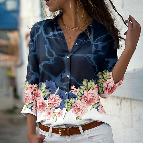 

Women's Blouse Shirt Purple Red Navy Blue Floral Button Print Long Sleeve Daily Weekend Streetwear Casual Shirt Collar Regular Floral S
