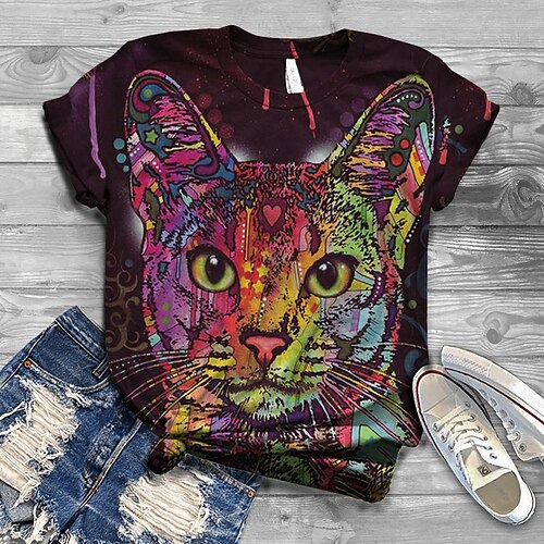 

Women's Plus Size Tops T shirt Tee Animal Print Short Sleeve Round Neck Basic Daily Vacation Cotton Blend Spring Summer Light Blue Mixed Color