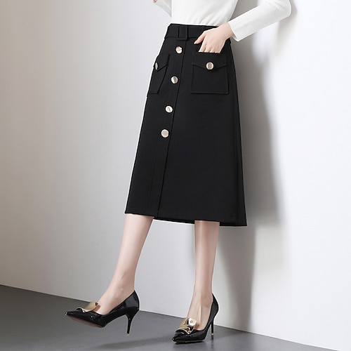 

Women's Fashion Calf-Length Skirts Date Casual / Daily Solid Colored Pocket Black M L XL