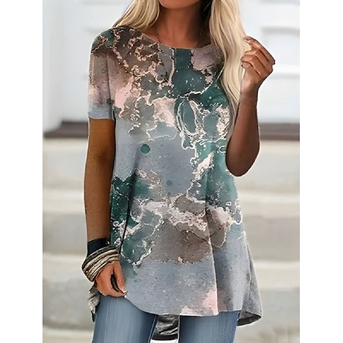 

Women's T shirt Tee Gray Graphic Geometric Patchwork Print Short Sleeve Home Casual Vintage Ethnic Hawaiian Round Neck Regular Geometric Painting S / 3D Print