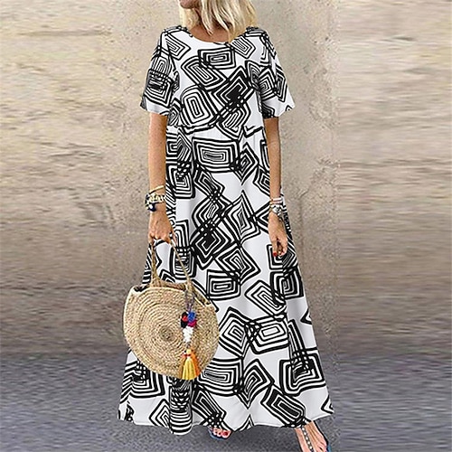 

Women's Casual Dress Swing Dress Long Dress Maxi Dress White Yellow Red Short Sleeve Geometric Print Spring Summer Crew Neck Vacation Loose Fit 2023 S M L XL XXL 3XL 4XL 5XL