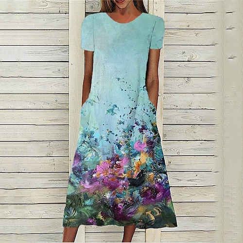 

Women's A Line Dress Midi Dress Blue Short Sleeve Floral Pocket Print Spring Summer Round Neck Stylish Casual Modern 2022 S M L XL XXL 3XL