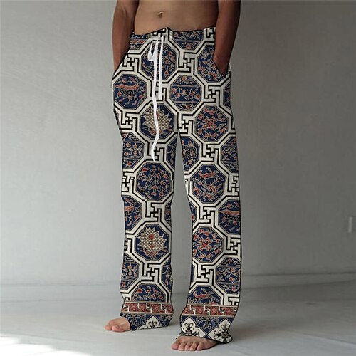 

Men's Fashion Designer Straight Trousers 3D Print Elastic Drawstring Design Front Pocket Pants Casual Daily Graphic Prints Flower / Floral Comfort Soft Mid Waist Navy Blue S M L XL XXL