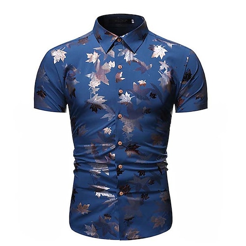 

Men's Shirt Print Leaves Turndown Casual Daily Button-Down Print Short Sleeve Tops Casual Fashion Beach Black Royal Blue Navy Blue