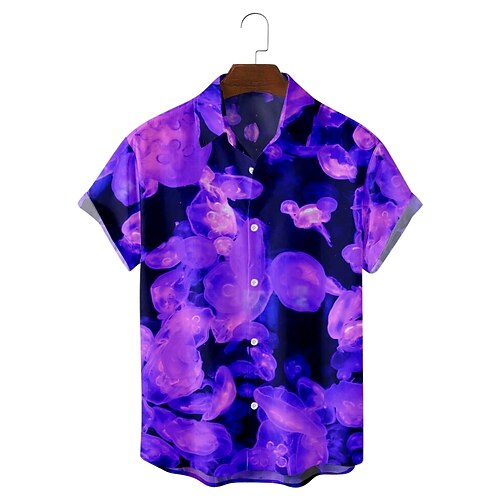 

Men's Shirt 3D Print Underwater World Turndown Casual Daily Short Sleeve Tops Casual Hawaiian Light Purple