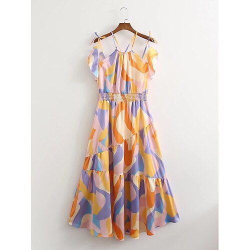 

Women's Sundress Midi Dress Rainbow Sleeveless Print Ruched Lace up Print Spring Summer Halter Neck Casual 2022 S M L