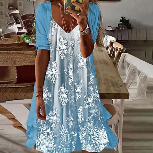 

Women's Two Piece Dress Midi Dress Blue Long Sleeve Floral Print Spring Summer V Neck Party Stylish 2022 S M L XL XXL 3XL / Party Dress