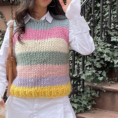 

Women's Sweater Vest Jumper Chunky Knit Knitted Striped Crew Neck Stylish Casual Outdoor Daily Spring Summer Rainbow S M L / Sleeveless / Sleeveless / Holiday / Regular Fit / Going out