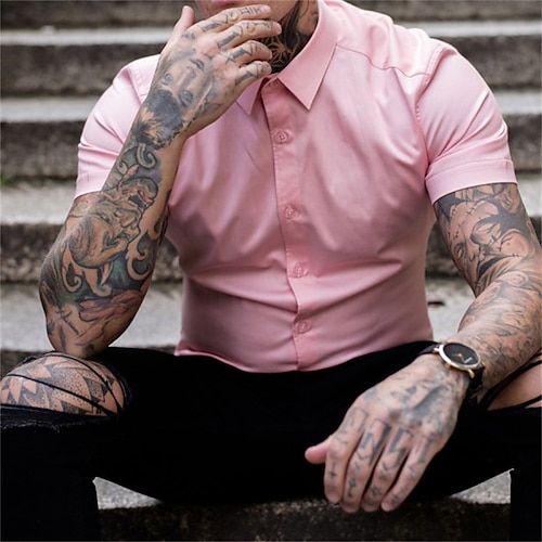 

Men's Shirt Solid Color Turndown Street Casual Button-Down Short Sleeve Tops Casual Fashion Breathable Comfortable Pink