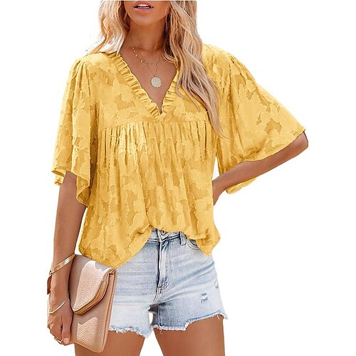 

european and american cross-border foreign trade women's clothing 2022 amazon summer new chiffon floral hollow v-neck bell-sleeved shirt