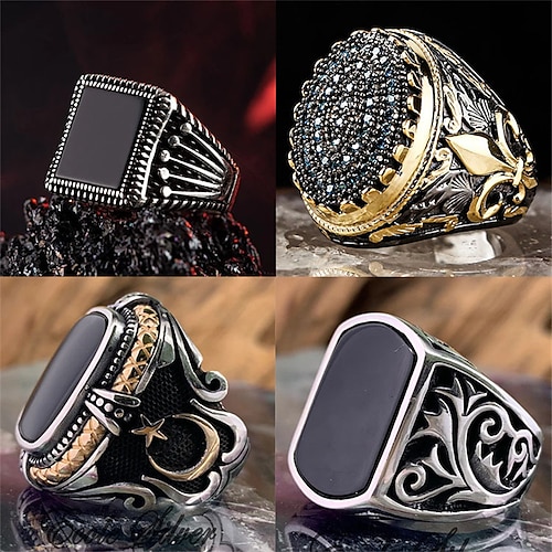 

1pc Adjustable Ring For Men's Obsidian Black Wedding Halloween Birthday 18K Gold Geometrical Joy