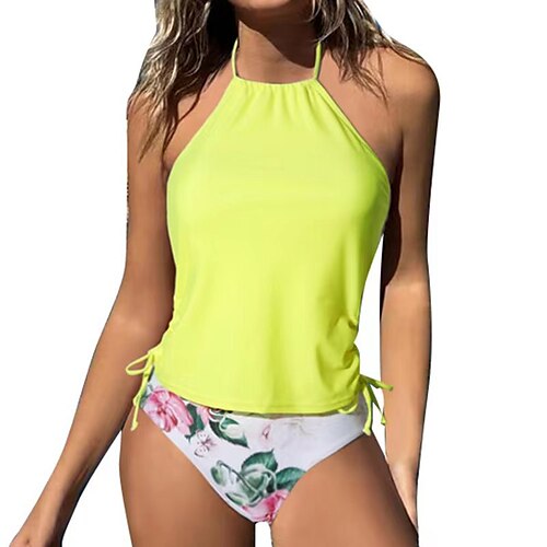 

Women's Swimwear Tankini 2 Piece Normal Swimsuit Backless 2 Piece Print Floral Yellow Scoop Neck Bathing Suits New Casual Vacation / Vintage / Padded Bras