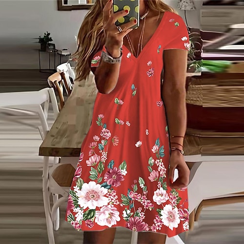 

Women's Plus Size Curve A Line Dress Floral V Neck Short Sleeve Spring Summer Casual Short Mini Dress Causal Daily Dress