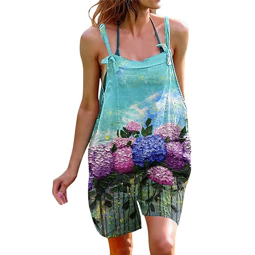 

Women's Romper Pocket Print Floral Square Neck Casual Street Daily Regular Fit Sleeveless Green Blue White S M L Spring