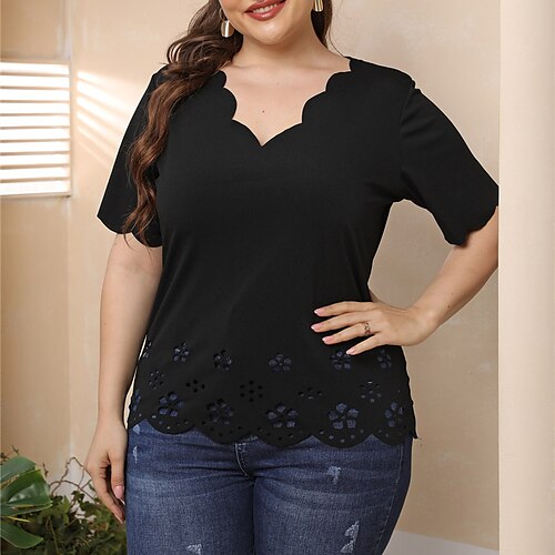 

Femme Grande taille Hauts T-shirt Plein Manches Courtes Col en V Vêtement de rue du quotidien Vacances Polyester Printemps Eté Noir Vin / Grande Taille / Grande Taille