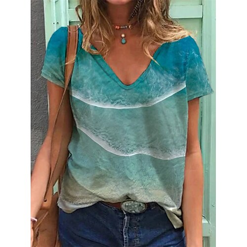 

Women's T shirt Ocean V Neck Basic Tops Green / 3D Print
