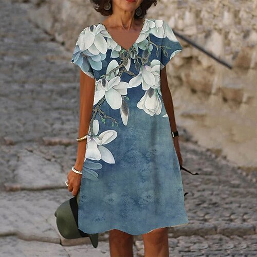 

Women's Shift Dress Knee Length Dress Blue Short Sleeve Floral Print Spring Summer V Neck Stylish Casual 2022 S M L XL XXL 3XL