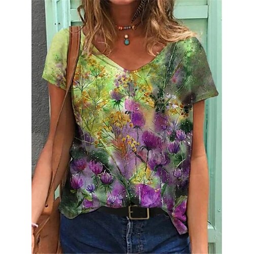 

Women's T shirt Tee Green Purple Light Green Graphic Flower Print Short Sleeve Daily Basic V Neck Regular Floral S / 3D Print