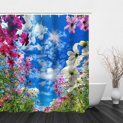 

Beautiful Flowers Plant Printed Four Piece Shower Curtain Hooks in the Sky Sunlight Modern Polyester Machined Waterproof Bathroom
