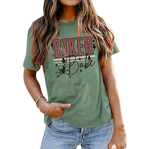 

Women's T shirt Graphic Skull Letter Print Round Neck Basic Tops Green White Army Green