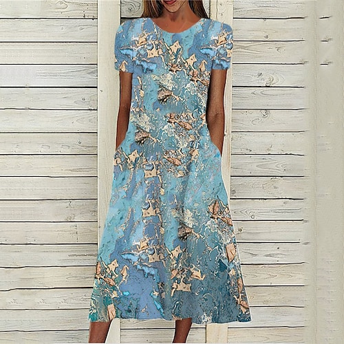

Women's A Line Dress Midi Dress Blue Short Sleeve Print Pocket Print Spring Summer Round Neck Stylish Casual Modern 2022 S M L XL XXL 3XL