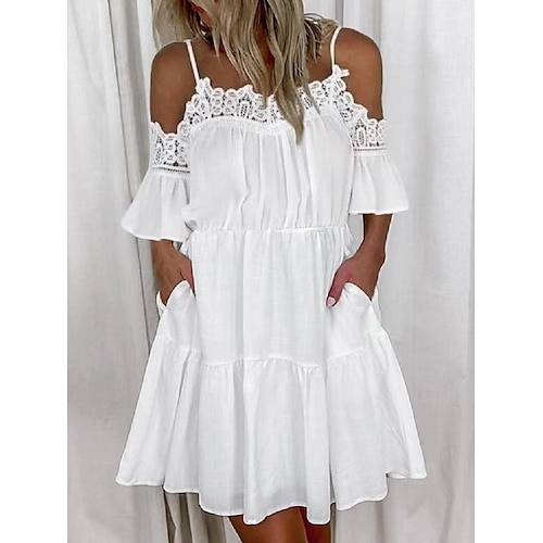 

Robe mi-longue Femme Manche Courte Printemps Eté Dos Nu Poche Smocké Couleur monochrome 2022 Blanche S M L XL XXL 3XL