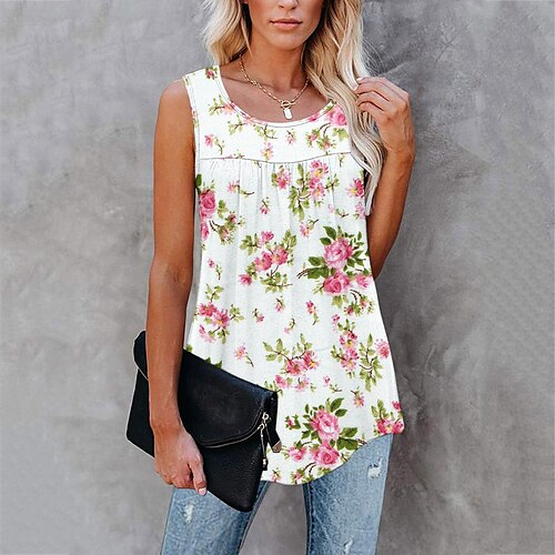 

Women's Floral Theme Tank Top Camis Floral Print Round Neck Casual Streetwear Tops Green White Black / 3D Print