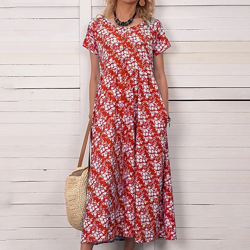 

Women's Shift Dress Midi Dress Green Blue Red Short Sleeve Floral Print Spring Summer Crew Neck Casual 2022 S M L XL XXL