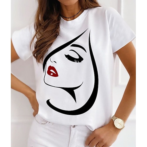 

Women's T shirt Tee White Portrait Print Short Sleeve Casual Weekend Basic Round Neck Regular Cotton Abstract Portrait Painting S