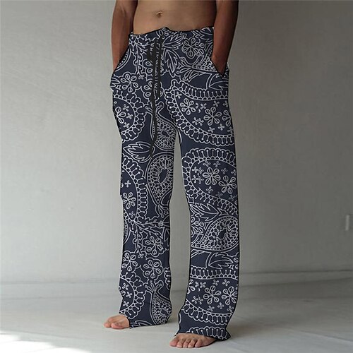 

Men's Designer Chinoiserie Straight Trousers 3D Print Elastic Drawstring Design Front Pocket Pants Casual Daily Graphic Prints Flower / Floral Comfort Soft Mid Waist Blue S M L XL XXL