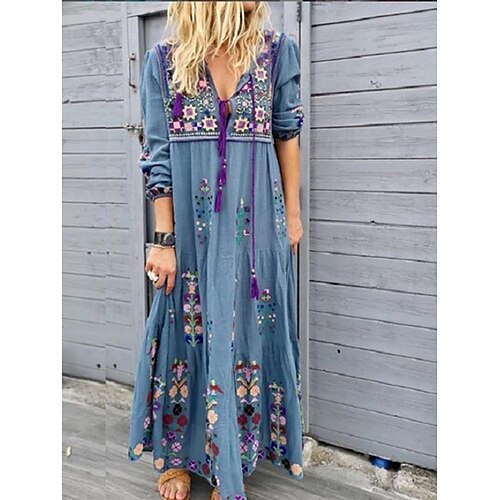 

Women's Swing Dress Boho Dress Red Brown Light Blue Long Sleeve Floral Lace up Fall Spring V Neck Weekend Loose Fit 2022 S M L XL XXL 3XL 4XL 5XL