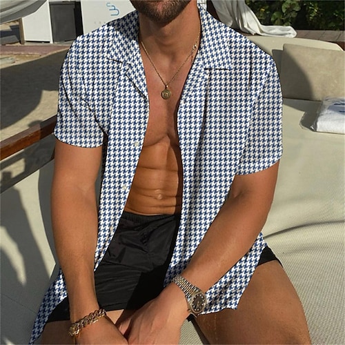 

Men's Shirt Print Plaid Turndown Casual Daily Button-Down Print Short Sleeve Tops Casual Fashion Blue / White