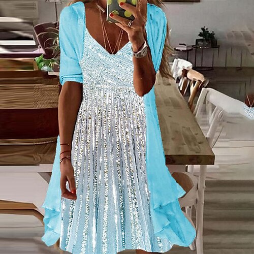 

Women's A Line Dress Midi Dress Orange Light Blue Long Sleeve Polka Dot Striped Color Gradient Sequins Print Spring Summer V Neck Stylish Work Elegant 2022 S M L XL XXL