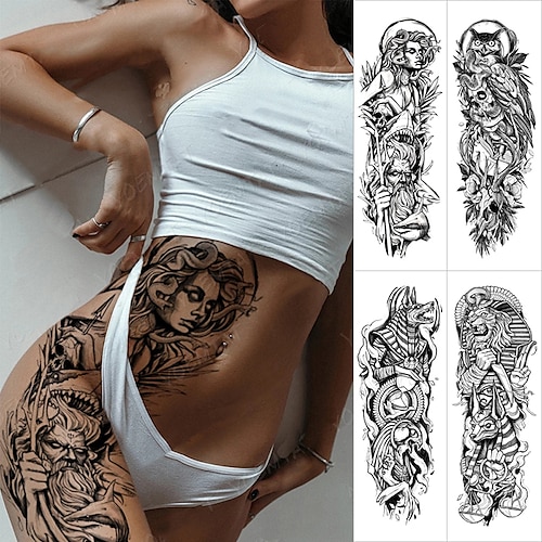 

4 pcs Large Arm Sleeve Tattoo Snake Medusa Waterproof Temporary Tattoo Sticker Poseidon Shark Aquaman Trident Body Art Full Fake Tatoo