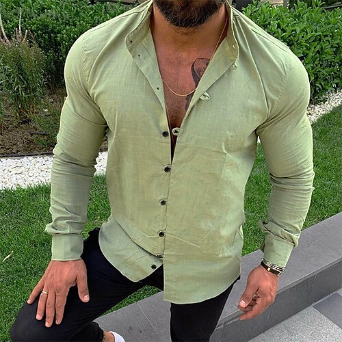 

Men's Shirt Linen Shirt Solid Color Collar Green White Black Orange Beige Long Sleeve Outdoor Street Button-Down Tops Fashion Casual Comfortable / Summer / Spring / Summer