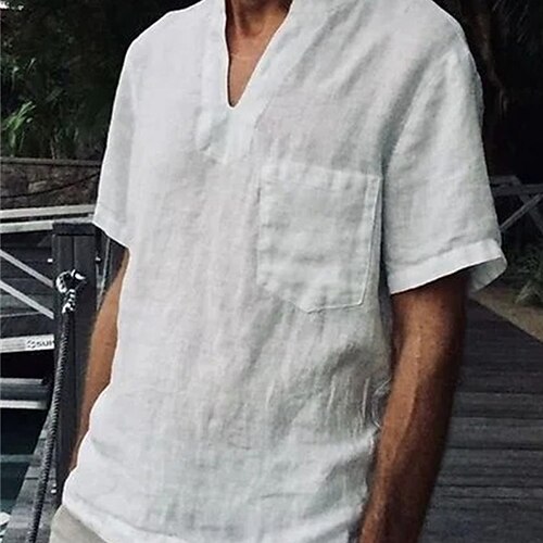

Men's Shirt Solid Color V Neck Street Casual Button-Down Short Sleeve Tops Fashion Classic Comfortable Big and Tall White