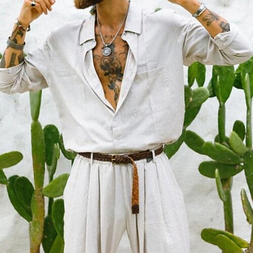 

Men's Shirt Solid Color Turndown Casual Daily Button-Down Long Sleeve Tops Casual Fashion Comfortable Sports White