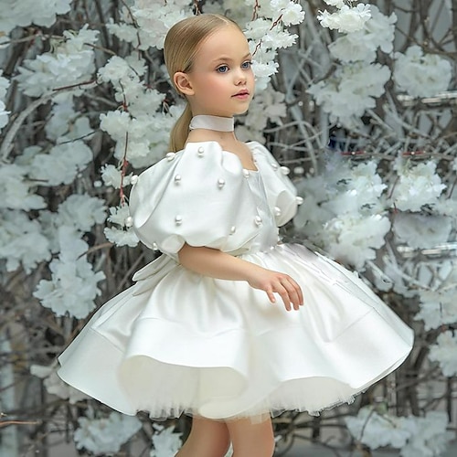 

Kids Little Girls' Dress Solid Colored A Line Dress Party Ruched Mesh White Above Knee Short Sleeve Cute Sweet Dresses Spring Summer Regular Fit 3-12 Years