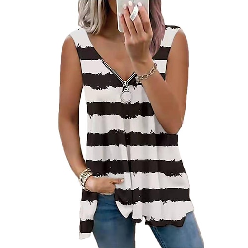 

cross-border fashion zipper v-neck striped print loose vest top spot