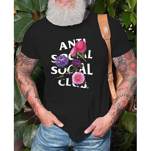 

Men's T shirt Hot Stamping Floral Letter Round Neck Casual Daily Print Short Sleeve Tops Simple Basic Blue Black Gray
