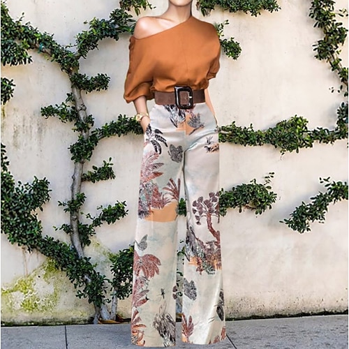 

Women's Jumpsuit Print Floral One Shoulder Elegant Daily Weekend Straight Regular Fit Half Sleeve Brown S M L Spring