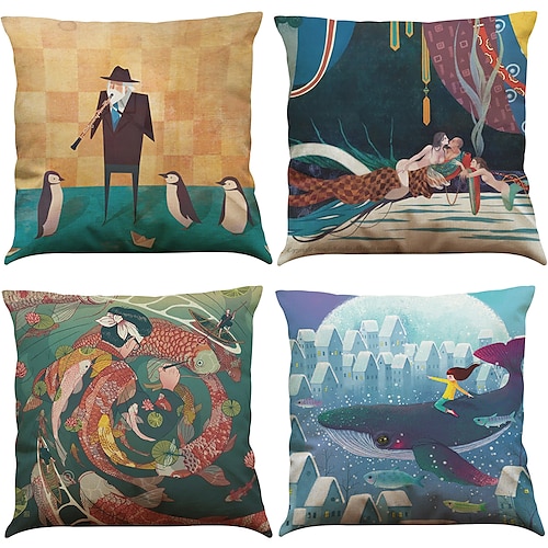 

Cartoon Double Side Cushion Cover 4PC Soft Decorative Square Throw Pillow Cover Cushion Case Pillowcase for Bedroom Livingroom Superior Quality Machine Washable Indoor Cushion for Sofa Couch Bed Chair
