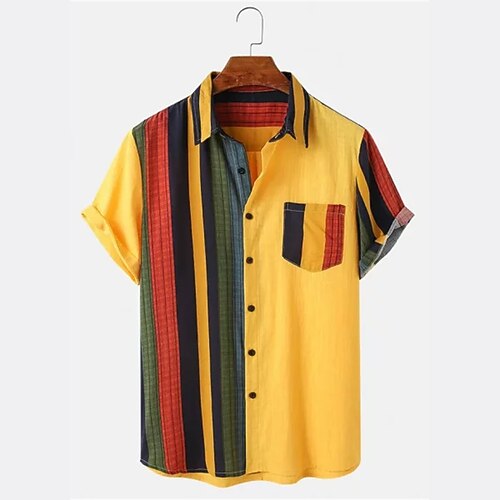 

Men's Shirt Color Block Turndown Street Casual Button-Down Short Sleeve Tops Casual Fashion Breathable Comfortable Yellow